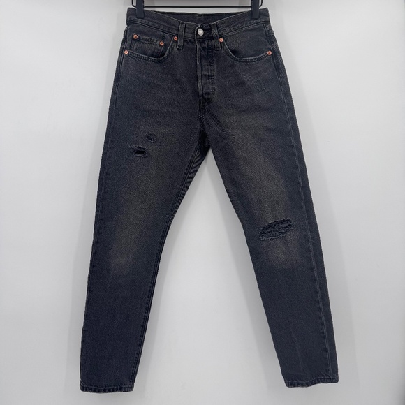 Levis 501 Jeans Women 26 Black Premium Original Straight Grunge Button Fly Faded - Picture 1 of 15